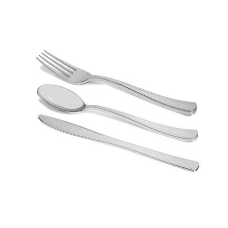 Smarty Had A Party Shiny Metallic Silver Plastic Cutlery Combo Set - Spoons, Forks and Knives (120 Guests), 360PK 7953BLK-CASE